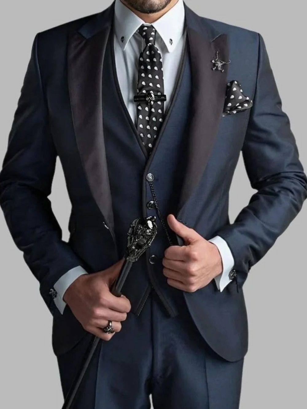 Navy Blue Men's Three-Piece Suit with Satin Peak Lapel